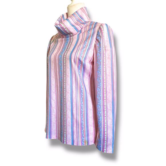 VNTG 70s Handmade Turtle Neck Top Sz S/M Pink Floral Stripe Indie Funky - Picture 3 of 10
